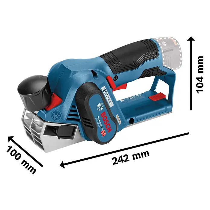 Bosch Professional Akku-Hobel GHO 12V-20 PRO - 12 V, 2 Akkus, Hobeltiefe: 0 mm - 2 mm, Leerlaufdrehzahl: 14.500 U/min - Blauer Bosch GHO 12V-20 Professional Akku-Hobel, kompakt und ergonomisch, mit Abmessungen von 242x104x100 mm.