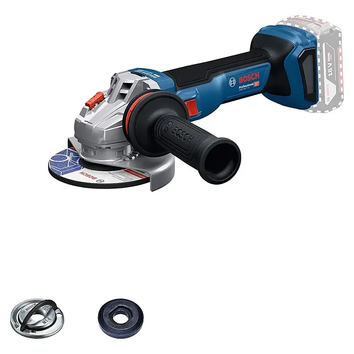 Bosch Professional AMPShare 18V Akku-Winkelschleifer GWS 18V-11 S PRO - Ohne Akku, Durchmesser Scheibe: 125 mm - Blaue und schwarze Bosch Akku-Winkelschleifer mit Trennscheibe, Seitenhandgriff und zwei Zubehörteilen: Spannmutter und Stützflansch.