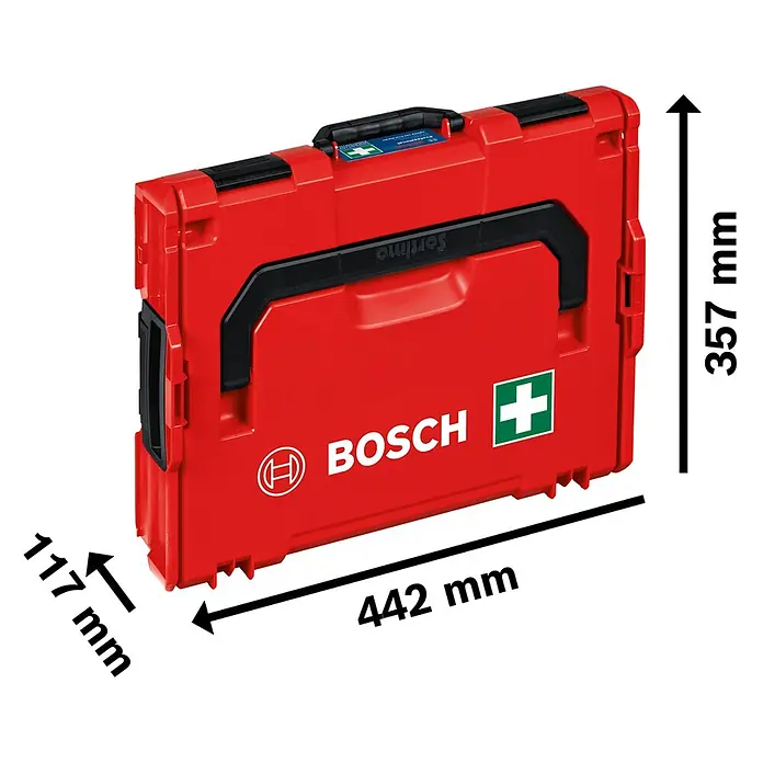 Bosch Professional Erste-Hilfe-Koffer L-BOXX 102 - 86 -tlg. - Rote Bosch Sortimo L-BOXX Erste-Hilfe-Kasten mit sichtbaren Maßen: 442 mm Länge, 357 mm Höhe, 117 mm Tiefe.