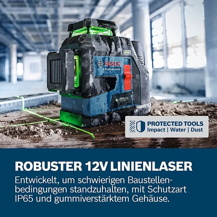 Bosch Professional Linienlaser GLL 12V-100-33 CG PRO - Max. Arbeitsbereich: 30 m - Robuster Bosch 12V Grünlinienlaser mit IP65-Schutz und Gummiverstärkung, projiziert Linien auf der Baustelle.