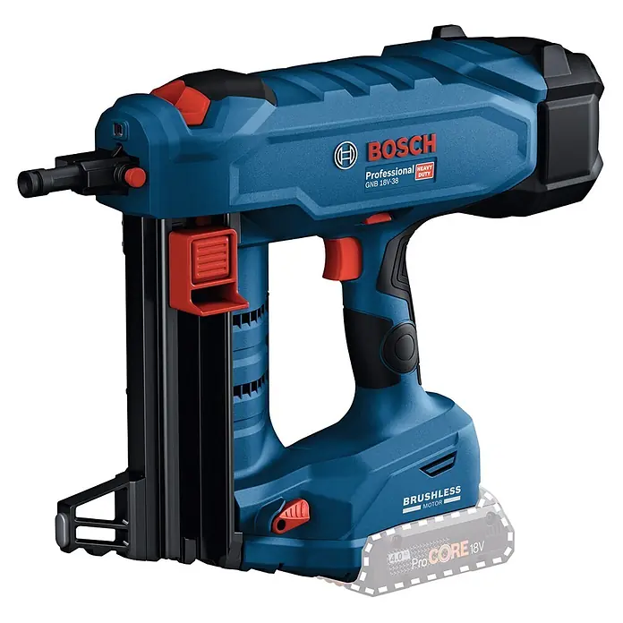Bosch Professional Akku-Nagler GNB 18V-38 PRO SOLO - 18 V, Ohne Akku, Länge Nagel: 13 mm - 38 mm - Blau-schwarzer Bosch Professional Akku-Nagler für schwere Aufgaben, mit roten Akzenten und 18V-Akku.