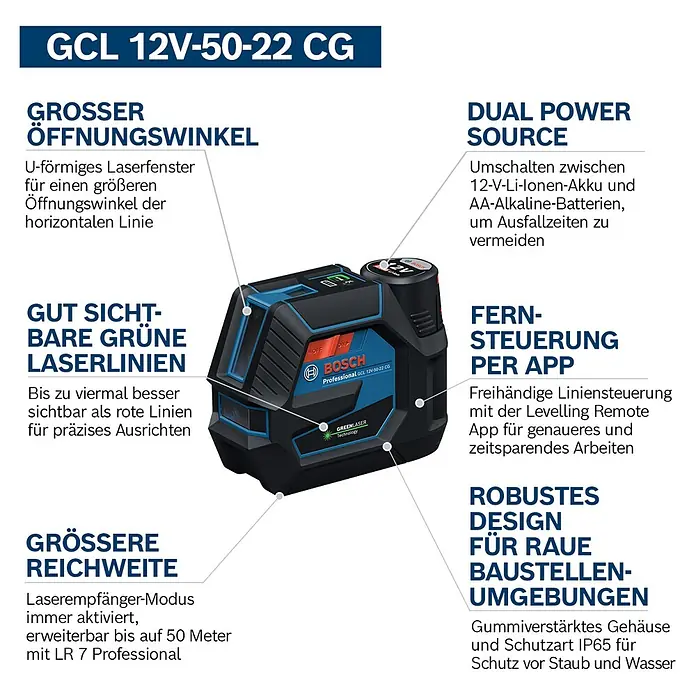 Bosch Professional Kreuzlinienlaser GCL 12V-50-22 CG PRO - 12 V, 1 Akku, Max. Arbeitsbereich: 25 m - Blauer und schwarzer Bosch GCL 12V-50-22 CG Kreuzlinienlaser für präzise Nivellierung, mit hellgrünen Laserlinien.