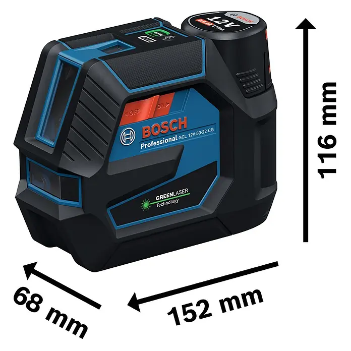 Bosch Professional Kreuzlinienlaser GCL 12V-50-22 CG PRO - 12 V, 1 Akku, Max. Arbeitsbereich: 25 m - Schwarzes und blaues Bosch Professional GCL 12V-50-22 CG Grünlaser-Nivelliergerät, Maße 152x68x116 mm.