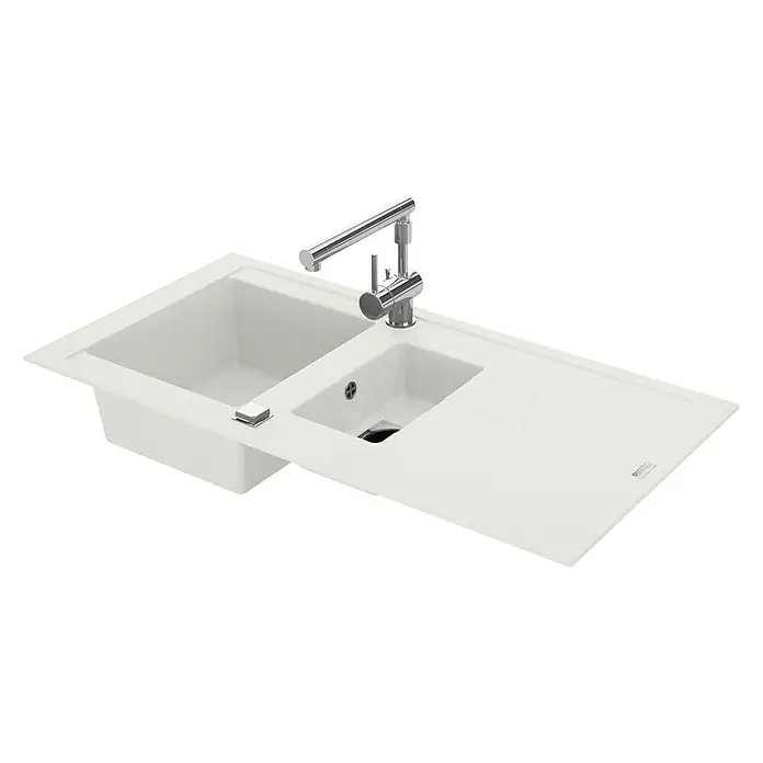 Carea Einbauspüle Tango - 98 x 50 cm, Material Spüle: CAREAlith®, Weiß - Detaillierte Aufnahme einer modernen weißen Küchenspüle mit zwei Becken und einem eleganten Chromhahn, ideal für jede moderne Küche.