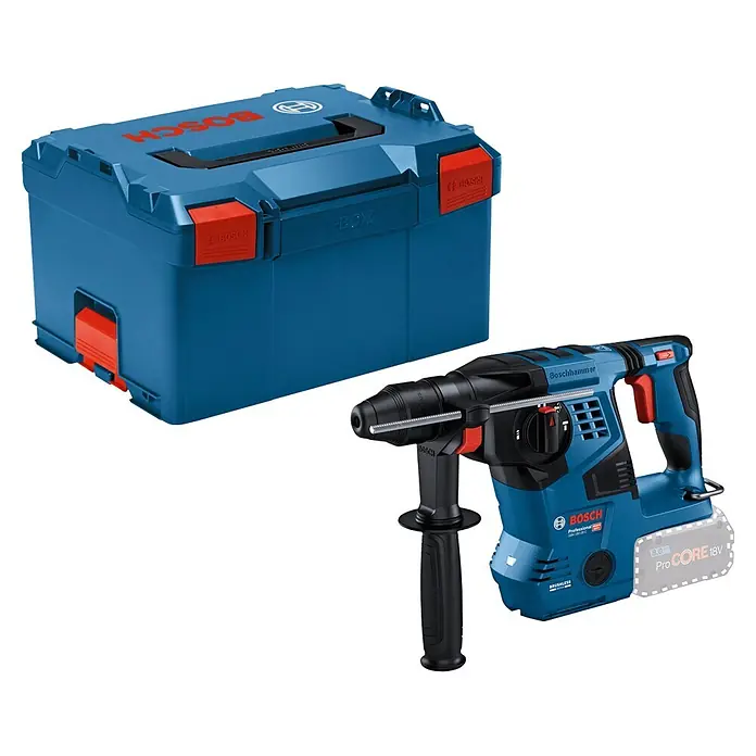 Bosch Professional AMPShare 18V Akku-Kombihammer Pro Heavy Duty GBH 18V-28 C - 18 V, Ohne Akku, 3,3 J, Mit L-BOXX - Blauer Bosch L-Boxx Werkzeugkoffer und ein blau/schwarzer Boschhammer Akku-Bohrhammer mit 18V Akku.