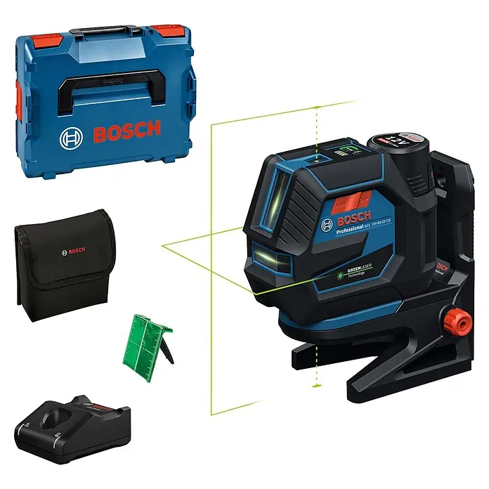 Bosch Professional Kreuzlinienlaser GCL 12V-50-22 CG PRO - 12 V, 1 Akku, Max. Arbeitsbereich: 25 m - Bosch Professional Grünlaser-Nivelliergerät-Kit mit blauem Koffer, Ladegerät, Tasche und Zielplatte.