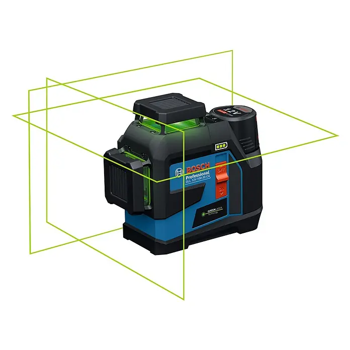 Bosch Professional Linienlaser GLL 12V-100-33 CG PRO - Max. Arbeitsbereich: 30 m - Bosch Professional Grünlaser-Nivelliergerät, schwarz-blau, projiziert grüne Laserlinien zur präzisen Ausrichtung.