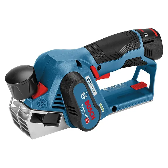 Bosch Professional Akku-Hobel GHO 12V-20 PRO - 12 V, 2 Akkus, Hobeltiefe: 0 mm - 2 mm, Leerlaufdrehzahl: 14.500 U/min - Blauer und schwarzer Bosch Akku-Hobel, ein Elektrowerkzeug zum präzisen Glätten von Holzoberflächen.