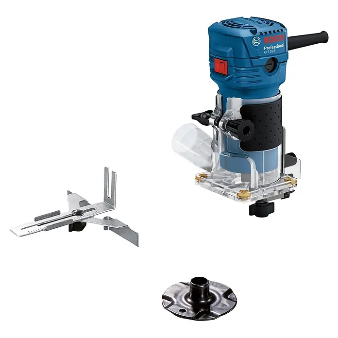 Bosch Professional Elektro-Oberfräse GLF 55-6 - 550 W, 33.000 U/min - Blauer und schwarzer Bosch Professional Oberfräse mit transparenter Basis, Metall-Schablonenführung und Kreisführungszubehör.