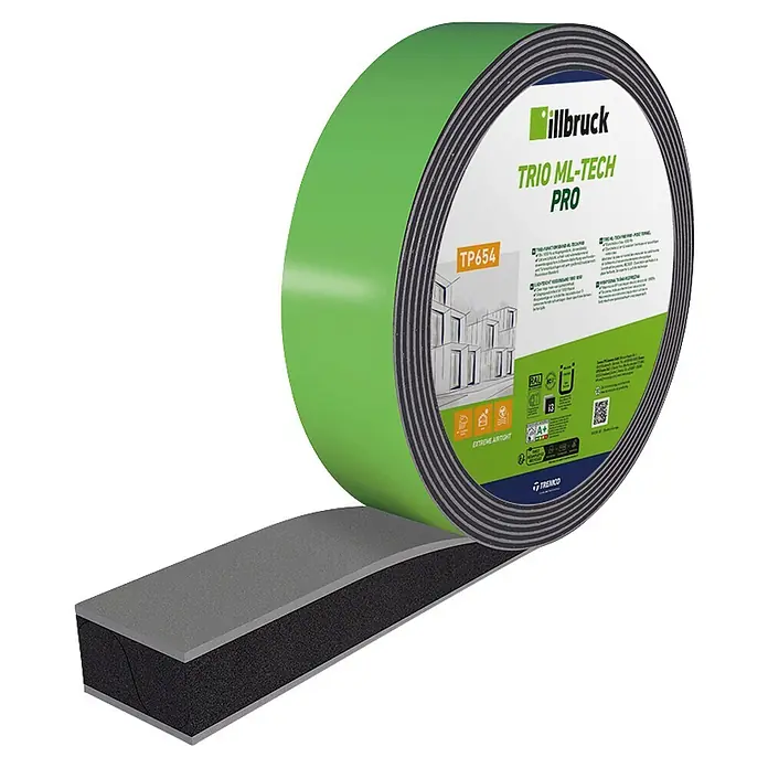Illbruck Multifunktionsdichtungsband TP654 ML-Tech Pro - Fugenbreite: 6 mm - 15 mm, Fugentiefe: 58 mm, Länge: 6 m, Anthrazit, Passend für: Fenster- und Türenmontage - Grüne Rolle illbruck TRIO ML-TECH PRO Mehrschicht-Dichtband, abgerollt zeigt schwarze und graue Schichten.