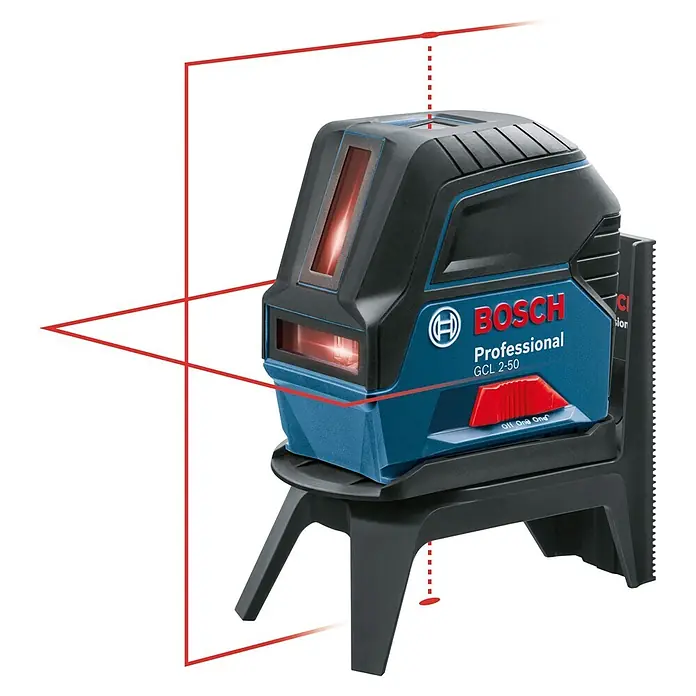 Bosch Professional Kombilaser GCL 2-50+LR6 PRO - Max. Arbeitsbereich mit Empfänger: 50 m - Blau-schwarzer Bosch GCL 2-50 Kreuzlinienlaser auf Stativ, projiziert rote Horizontal-, Vertikal- und Punktlaserlinien.