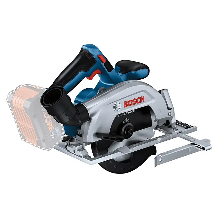 Bosch Professional AMPShare 18V Akku-Handkreissäge GKS 18V-57-2 Pro Solo - 18 V, Ohne Akku, 5.000 U/min - Eine blaue und silberne Bosch Akku-Kreissäge mit schwarzem Griff, teilweise sichtbarem Akku und einem markierten Sägeblattschutz.