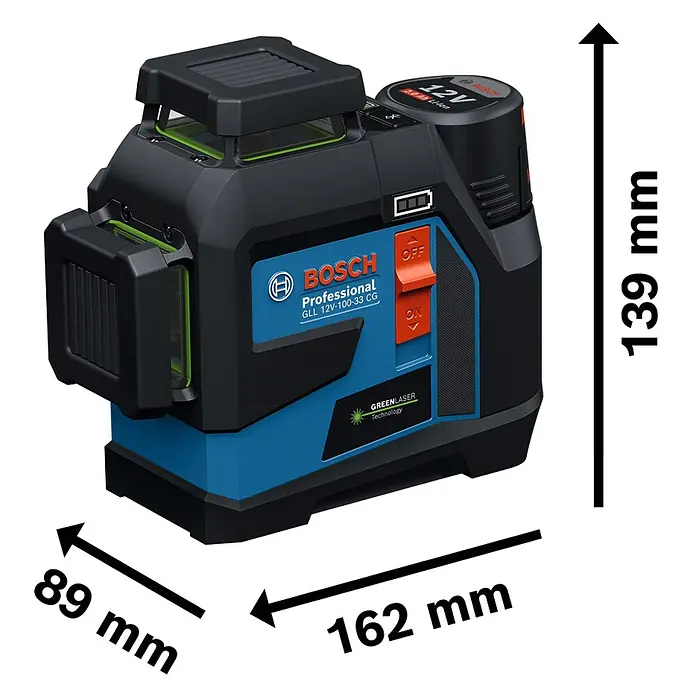 Bosch Professional Linienlaser GLL 12V-100-33 CG PRO - Max. Arbeitsbereich: 30 m - Blau-schwarzer Bosch Professional GLL 12V-100-33 CG Grünlaser-Nivellier. Misst 162x89x139 mm.