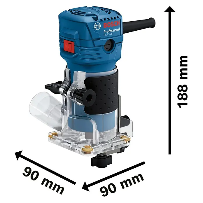 Bosch Professional Elektro-Oberfräse GLF 55-6 - 550 W, 33.000 U/min - Blauer Bosch Professional GLF 55-6 Oberfräser. Abmessungen: 188mm (H), 90mm (B), 90mm (T).