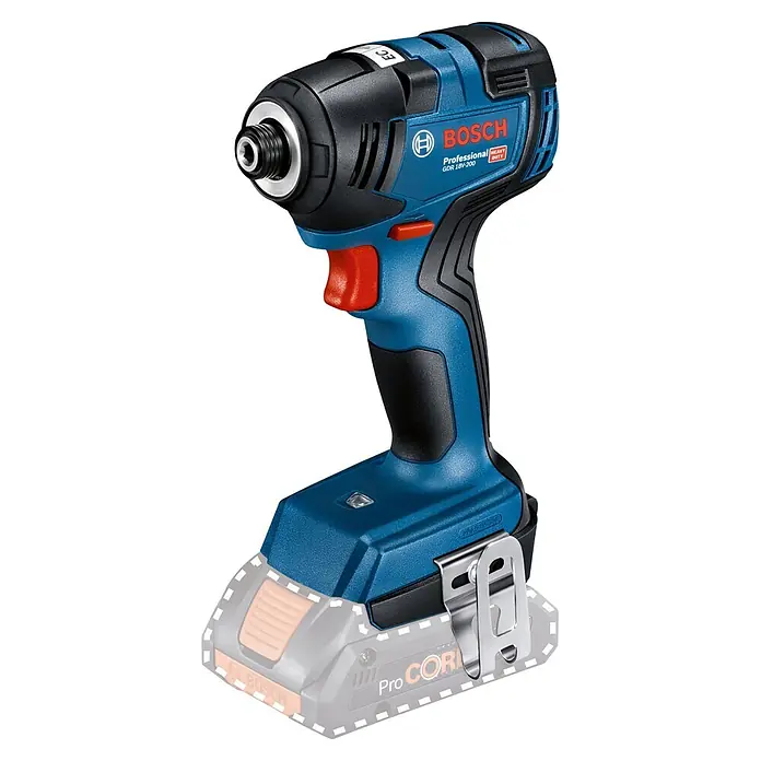 Bosch Professional AMPShare 18V Akku-Drehschlagschrauber GDR 18V-200 - 18 V, Ohne Akku, 200 Nm, Karton - Blau-schwarzer Bosch Professional Akku-Schlagschrauber (GDR 18V-200) mit rotem Abzug und teilweiser Akku-Ansicht.