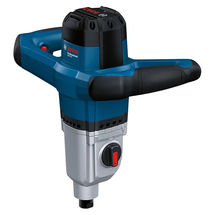 Bosch Professional Rührwerk GRW 140 - 1.400 W - Blauer, silberner Bosch Professional GRW 18-2 E Rührgerät mit schwarzen Griffen und rotem Drehregler, zum Mischen von Materialien.