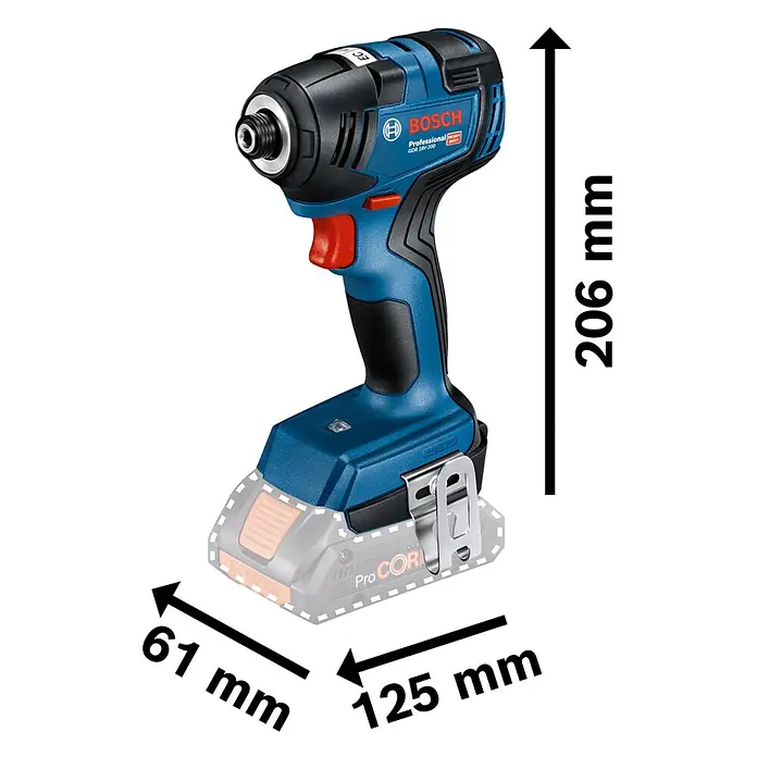 Bosch Professional AMPShare 18V Akku-Drehschlagschrauber GDR 18V-200 - 18 V, Ohne Akku, 200 Nm, Karton - Blauer und schwarzer Bosch Akku-Schlagschrauber mit orangefarbenen Akzenten und Maßen: 206 mm H, 125 mm L, 61 mm B.