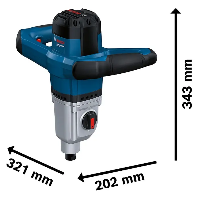Bosch Professional Rührwerk GRW 140 - 1.400 W - Blauer und silberner Bosch Professional Rühr-/Mischer mit schwarzen Griffen, Maße: 343mm Höhe, 321mm Breite, 202mm Tiefe.