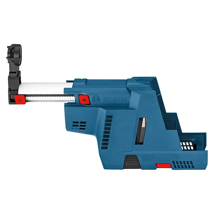 Bosch Professional AMPShare 18V Staubabsaugung GDE 18V-16 PRO - Passend für: GBH 18V-24 C, GBH 18V-26, GBH 18V-26 F, GBH 18V-28 C, GBH 18V-28 CF - Blauer Bosch Staubabsaugaufsatz mit ausziehbarer weißer Stange und roten Akzenten, mit HEPA-Filter.