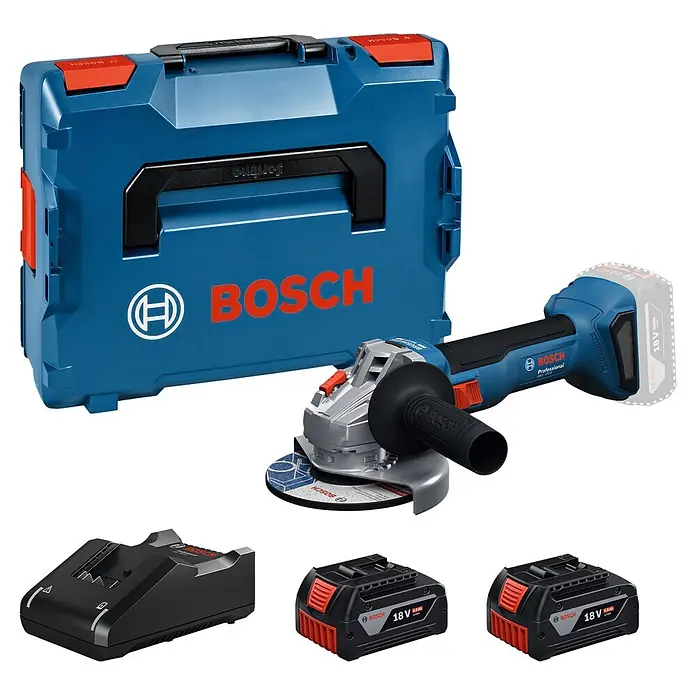 Bosch Professional AMPShare 18V Akku-Winkelschleifer GWS 18V-8 - 2 Akkus, Durchmesser Scheibe: 125 mm - Bosch Akku-Winkelschleifer-Set mit blauem Koffer, zwei 18V-Akkus und Ladegerät.