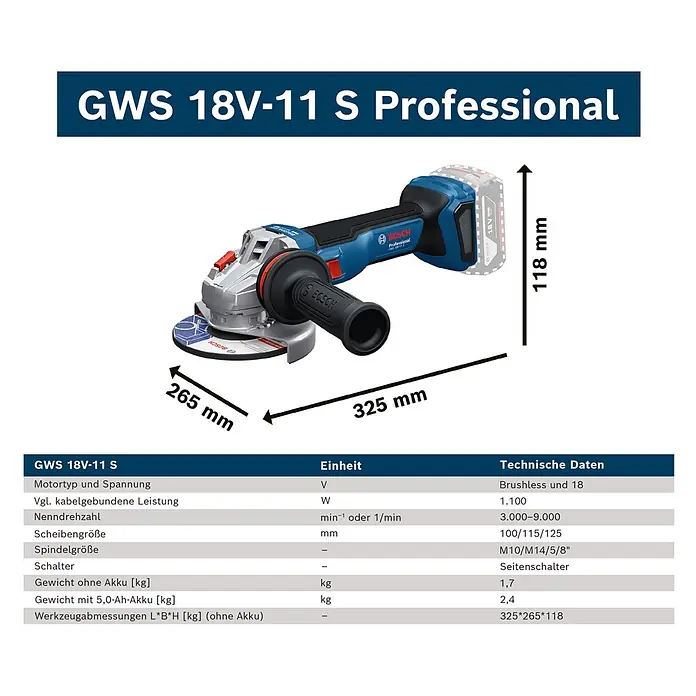 Bosch Professional AMPShare 18V Akku-Winkelschleifer GWS 18V-11 S PRO - Ohne Akku, Durchmesser Scheibe: 125 mm - Blauer und schwarzer Bosch GWS 18V-11 S Professional Akku-Winkelschleifer mit 18V Akku, Maße angegeben.