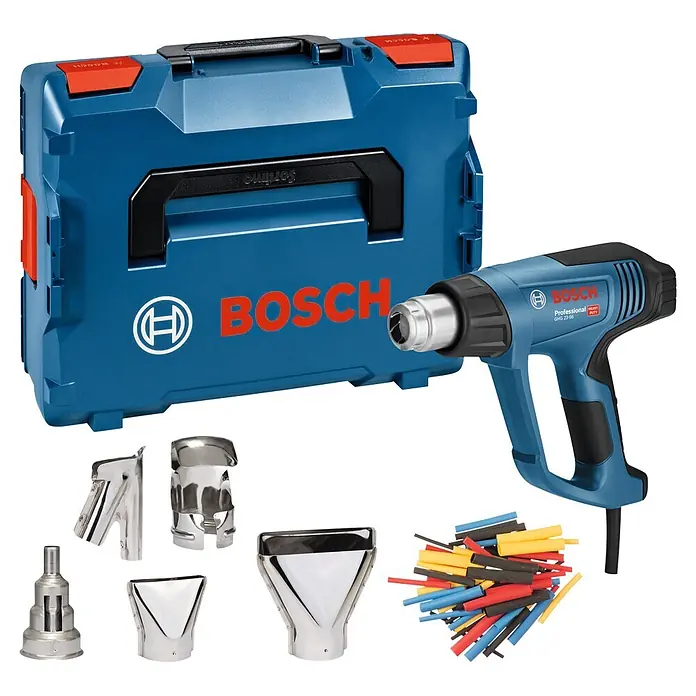Bosch Professional Heißluftgebläse GHG 23-66 PR - Temperaturbereich: 50 °C - 650 °C - Blaues und schwarzes Bosch Heißluftgebläse-Set mit Tragekoffer, verschiedenen Metallaufsätzen und farbigen Schrumpfschläuchen.