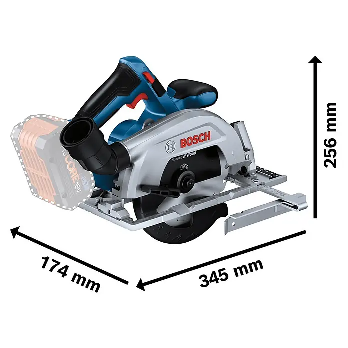 Bosch Professional Akku-Handkreissäge - 18 V, 2 Akkus, Durchmesser Sägeblatt: 165 mm, 5.000 U/min - Blaue und silberne Bosch Akku-Kreissäge mit Maßen 256x174x345 mm (HxBxL).