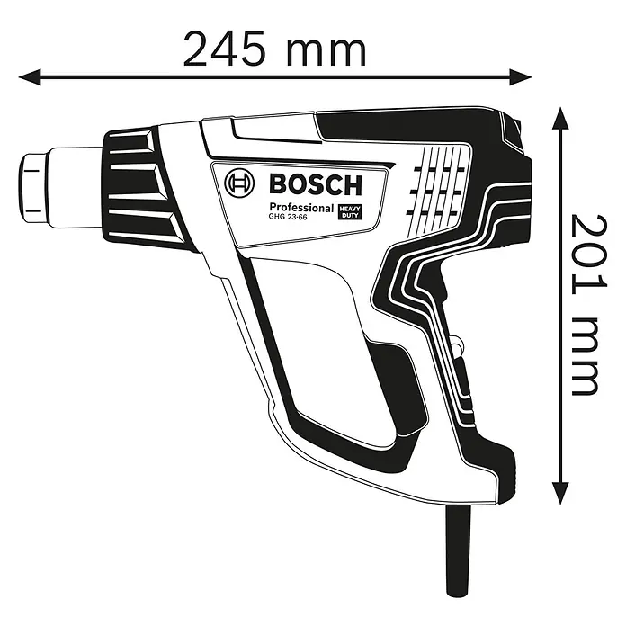 Bosch Professional Heißluftgebläse GHG 23-66 PR - Temperaturbereich: 50 °C - 650 °C - Bosch GHG 23-66 Professional Heißluftpistole. Technische Zeichnung mit Maßen: 245 mm lang, 201 mm hoch.