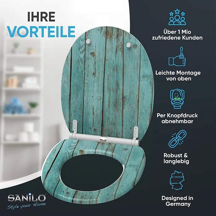 SANILO WC-Sitz Lumber mit Schnellverschluss - MDF, Türkis, Mit Absenkautomatik