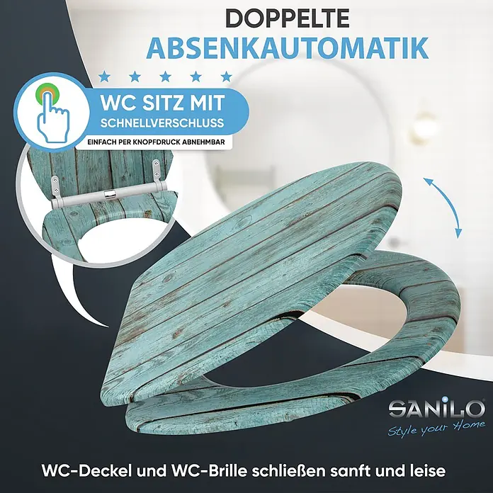 SANILO WC-Sitz Lumber mit Schnellverschluss - MDF, Türkis, Mit Absenkautomatik