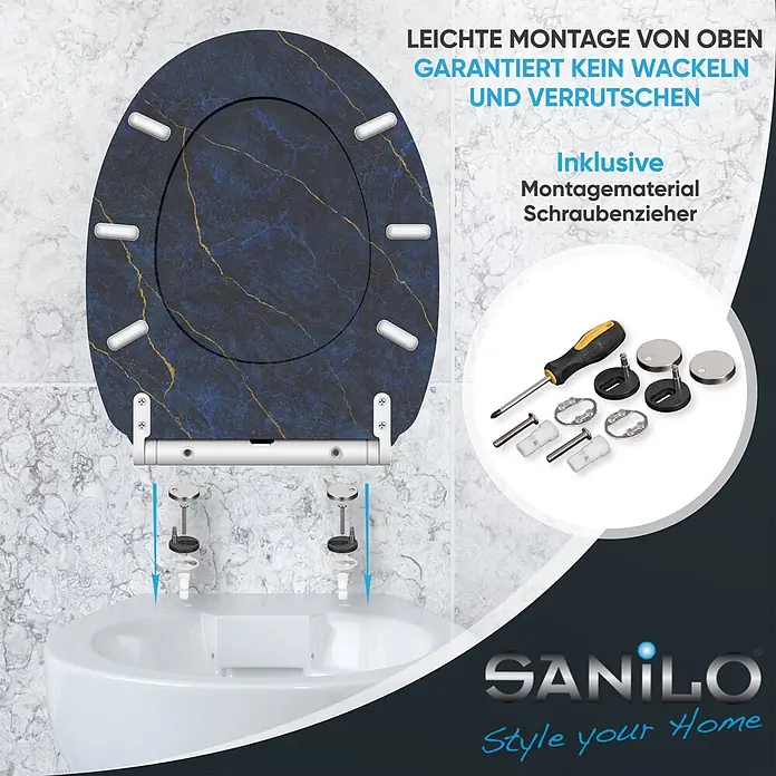 SANILO WC-Sitz Marmor Darkblue mit Schnellverschluss - MDF, Blau, Mit Absenkautomatik