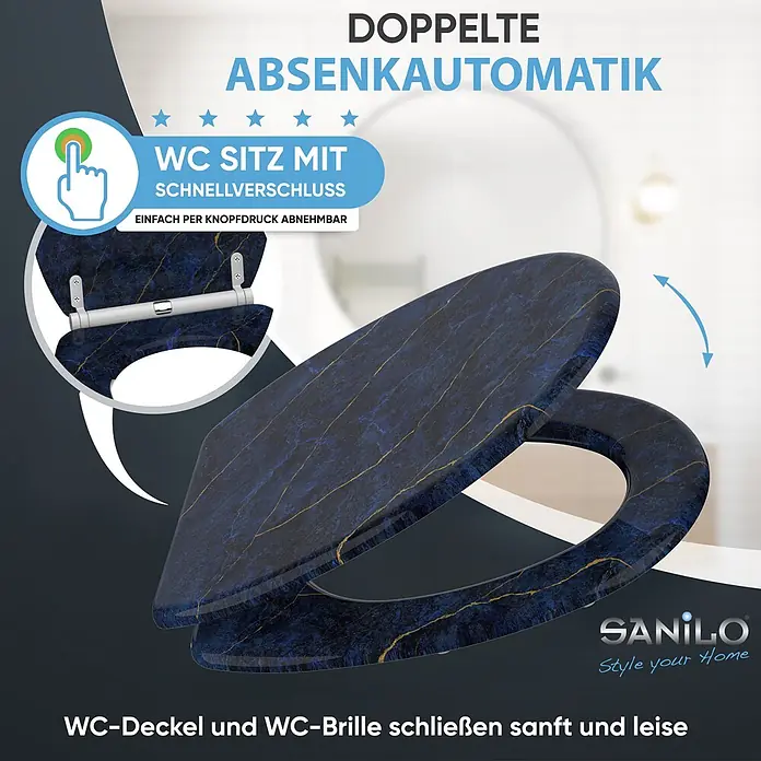 SANILO WC-Sitz Marmor Darkblue mit Schnellverschluss - MDF, Blau, Mit Absenkautomatik
