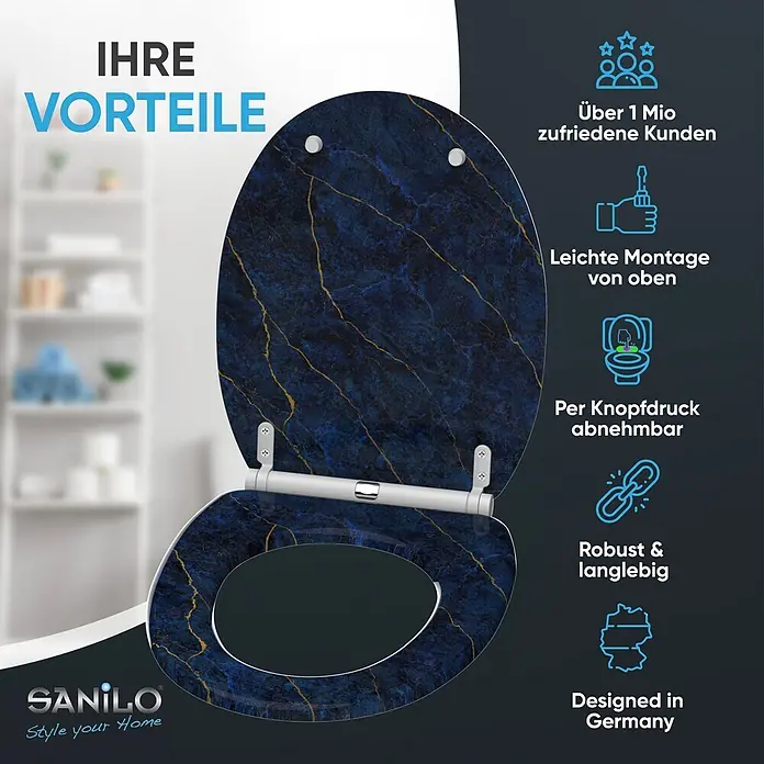 SANILO WC-Sitz Marmor Darkblue mit Schnellverschluss - MDF, Blau, Mit Absenkautomatik
