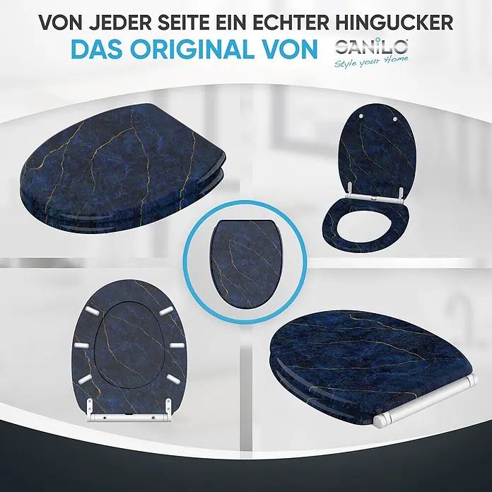 SANILO WC-Sitz Marmor Darkblue mit Schnellverschluss - MDF, Blau, Mit Absenkautomatik