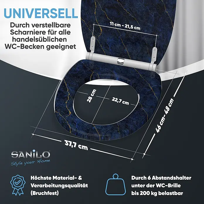SANILO WC-Sitz Marmor Darkblue mit Schnellverschluss - MDF, Blau, Mit Absenkautomatik