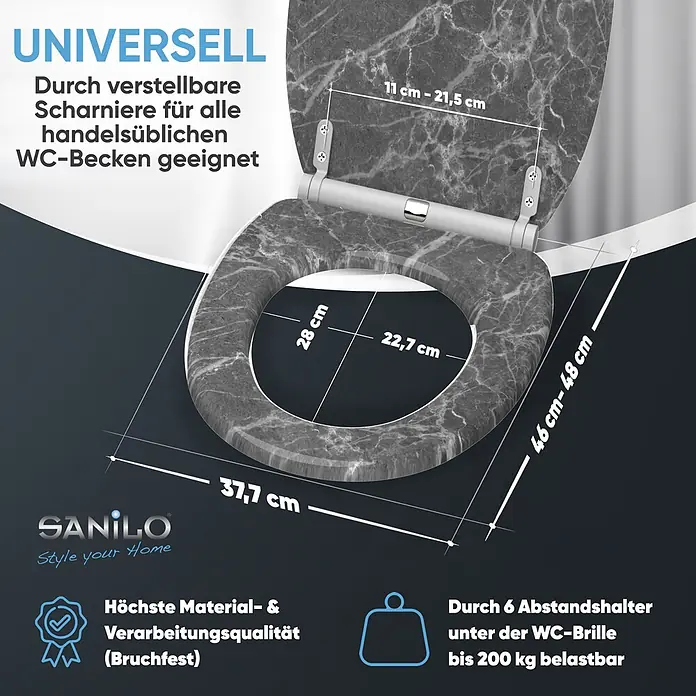 SANILO WC-Sitz Marmor Grau mit Schnellverschluss - MDF, Grau, Mit Absenkautomatik