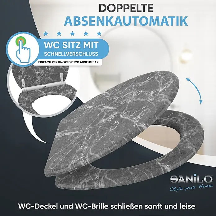 SANILO WC-Sitz Marmor Grau mit Schnellverschluss - MDF, Grau, Mit Absenkautomatik