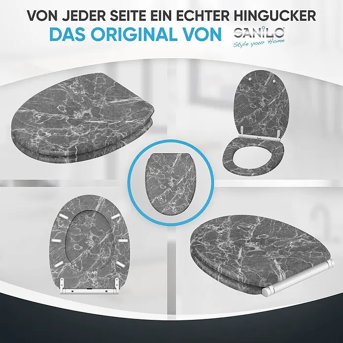 SANILO WC-Sitz Marmor Grau mit Schnellverschluss - MDF, Grau, Mit Absenkautomatik