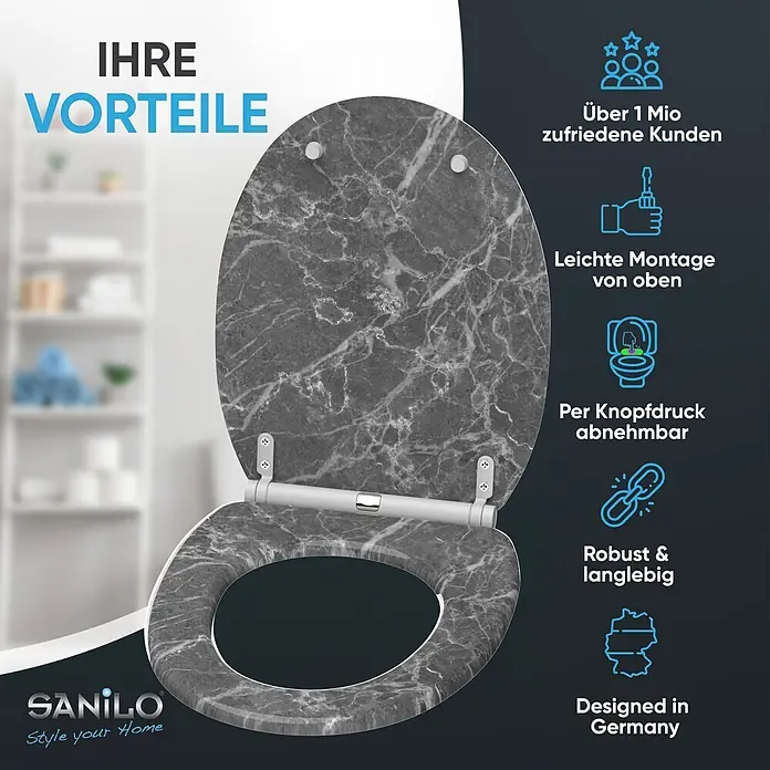 SANILO WC-Sitz Marmor Grau mit Schnellverschluss - MDF, Grau, Mit Absenkautomatik