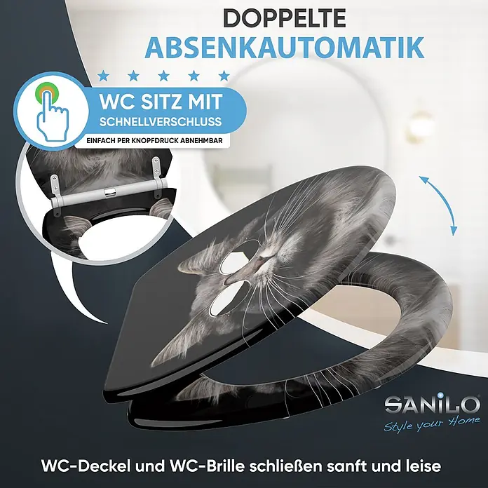 SANILO WC-Sitz Cool Cat mit Schnellverschluss - MDF, Schwarz, Mit Absenkautomatik