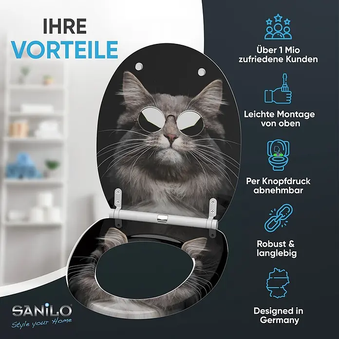SANILO WC-Sitz Cool Cat mit Schnellverschluss - MDF, Schwarz, Mit Absenkautomatik