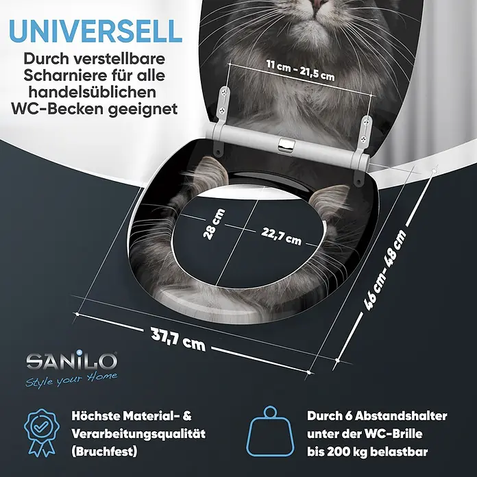 SANILO WC-Sitz Cool Cat mit Schnellverschluss - MDF, Schwarz, Mit Absenkautomatik