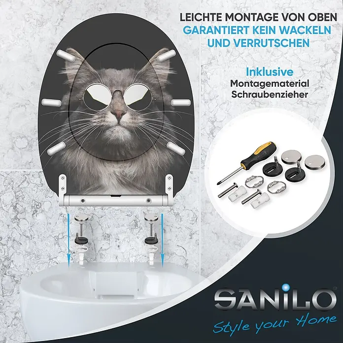 SANILO WC-Sitz Cool Cat mit Schnellverschluss - MDF, Schwarz, Mit Absenkautomatik