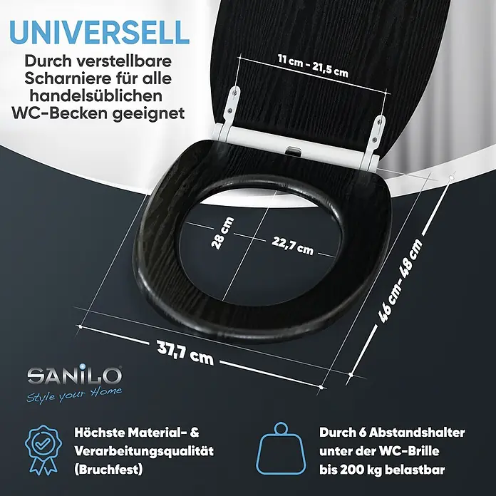 SANILO WC-Sitz Black Wood mit Schnellverschluss - MDF, Schwarz, Mit Absenkautomatik