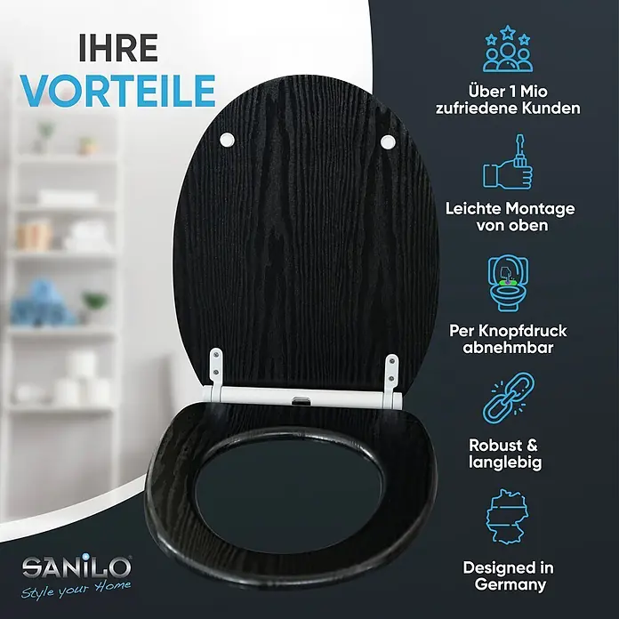 SANILO WC-Sitz Black Wood mit Schnellverschluss - MDF, Schwarz, Mit Absenkautomatik