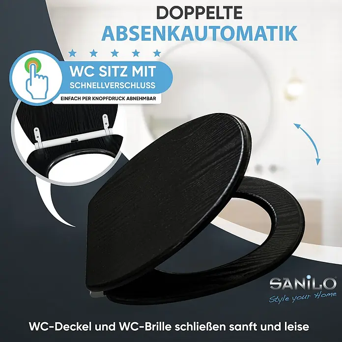 SANILO WC-Sitz Black Wood mit Schnellverschluss - MDF, Schwarz, Mit Absenkautomatik