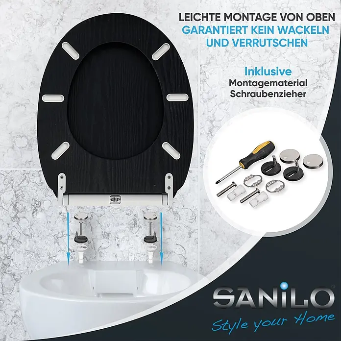 SANILO WC-Sitz Black Wood mit Schnellverschluss - MDF, Schwarz, Mit Absenkautomatik