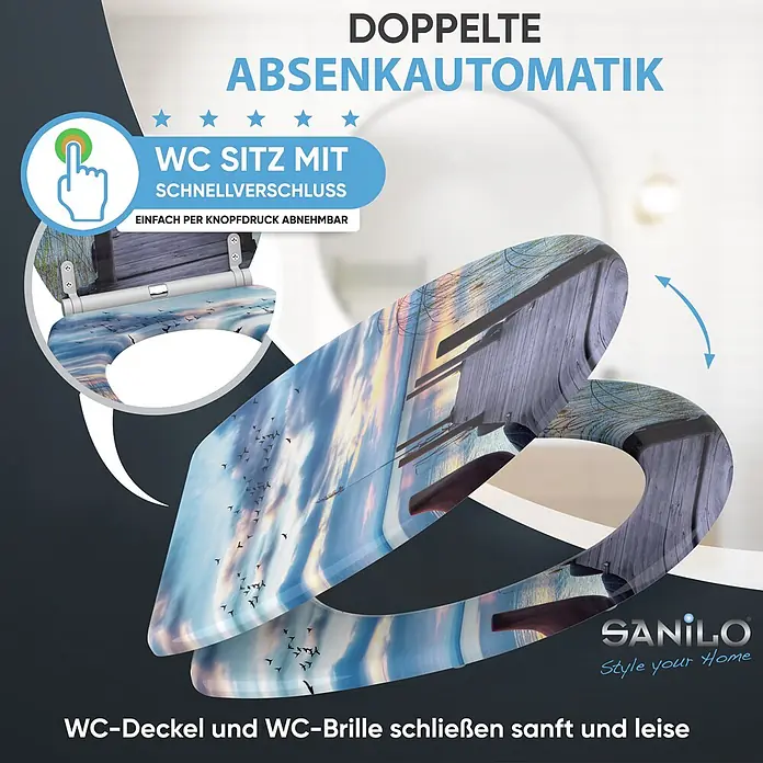 SANILO WC-Sitz Sunset mit Schnellverschluss - MDF, Blau, Mit Absenkautomatik