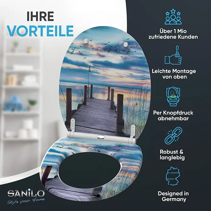 SANILO WC-Sitz Sunset mit Schnellverschluss - MDF, Blau, Mit Absenkautomatik