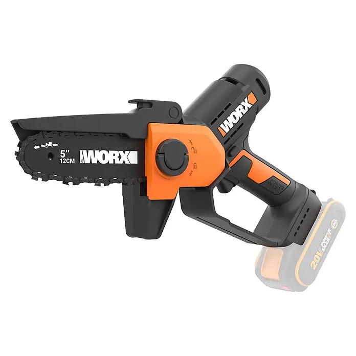 Worx PowerShare 20V Einhand-Akku-Kettensäge WG326E.9 - Ohne Akku, Schwertlänge: 12 cm - Schwarze und orangefarbene Worx Akku-Mini-Kettensäge mit 5-Zoll (12cm) Kette.